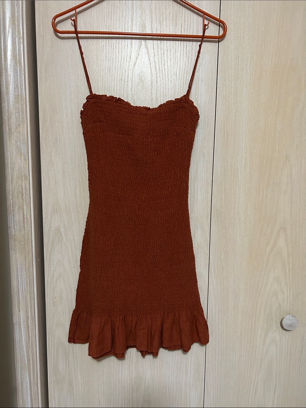 Abercrombie & Fitch Rust Red Smocked Mini Dress with Ruffle Hem